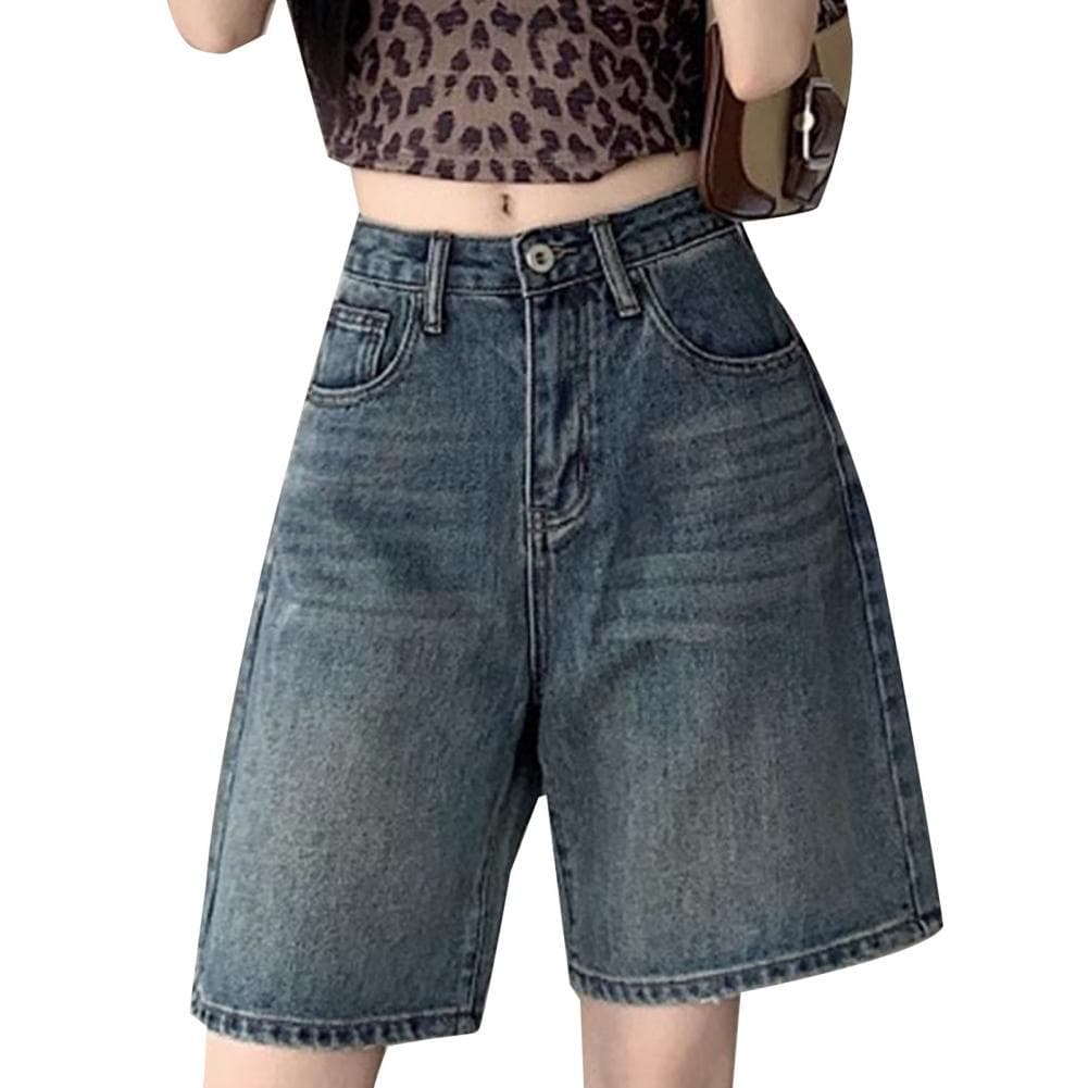 Loose Fit Denim Pants Vintage High Waist Denim Shorts for Women Wide Leg Streetwear Jeans with Button Closure Knee Length Pants M dark blue