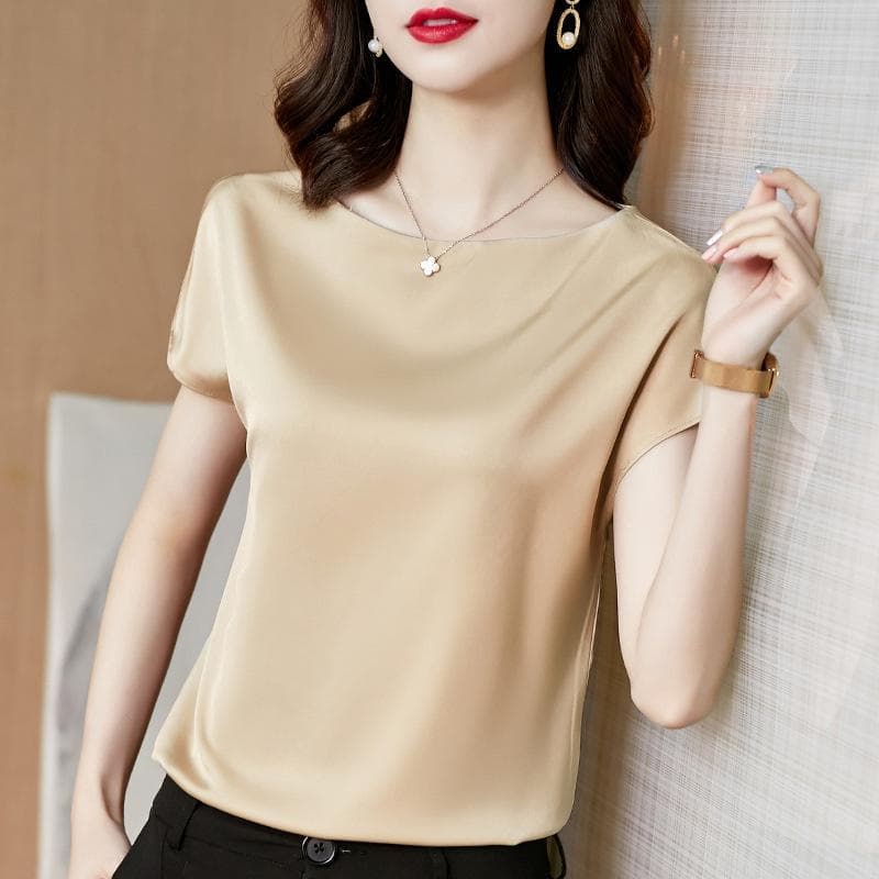 Summer Women's Fashion Comfortable Clothes Solid Color O Neck Short Sleeve Silk Top Casual Loose Satin T Shirt Plus Size Shirt M apricot