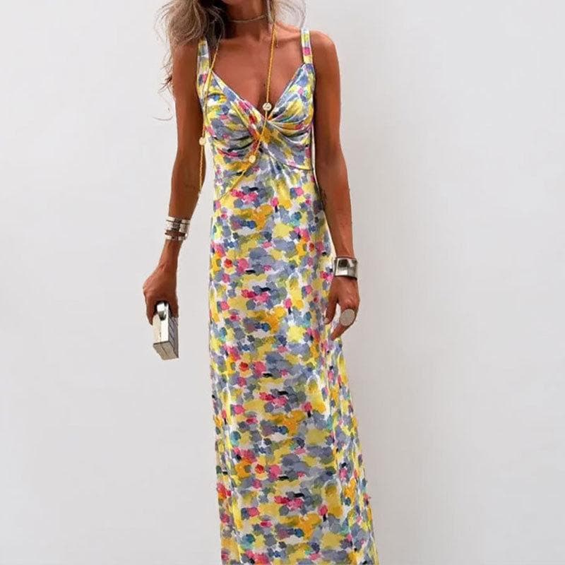 New Spring Women's Temperament Casual Printed V-neck Slim Suspender Dress 3XL