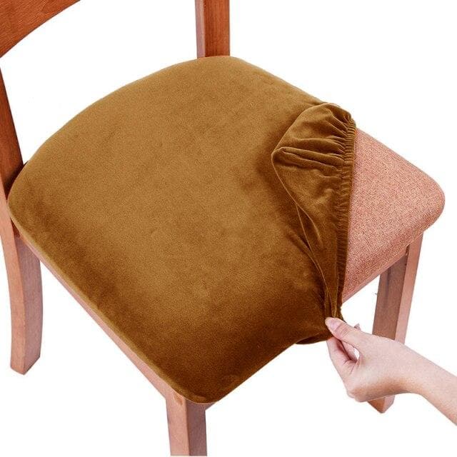 Velvet Spandex Dining Room Chair Seat Covers Removable Washable Elastic Cushion Covers For Upholstered Dining Chair light brown