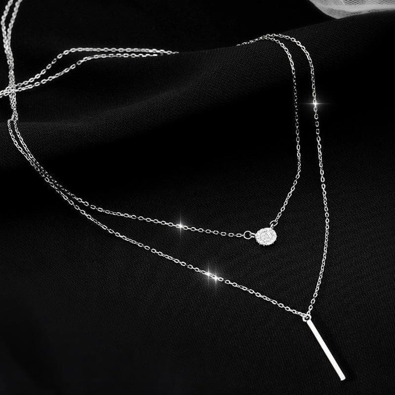 Square Flashing Diamond Round Geometric Double Necklace Female Clavicle Necklace Niche Cold and Simple Temperament Necklace Female 1pc silver