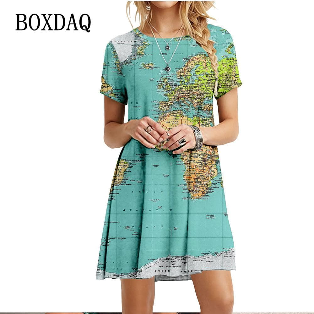 New Clothing For Summer Women World Map Dress Casual O-Neck Short Sleeve Loose Oversize Dress Fashion Ladies 3D Printed Dresses XS