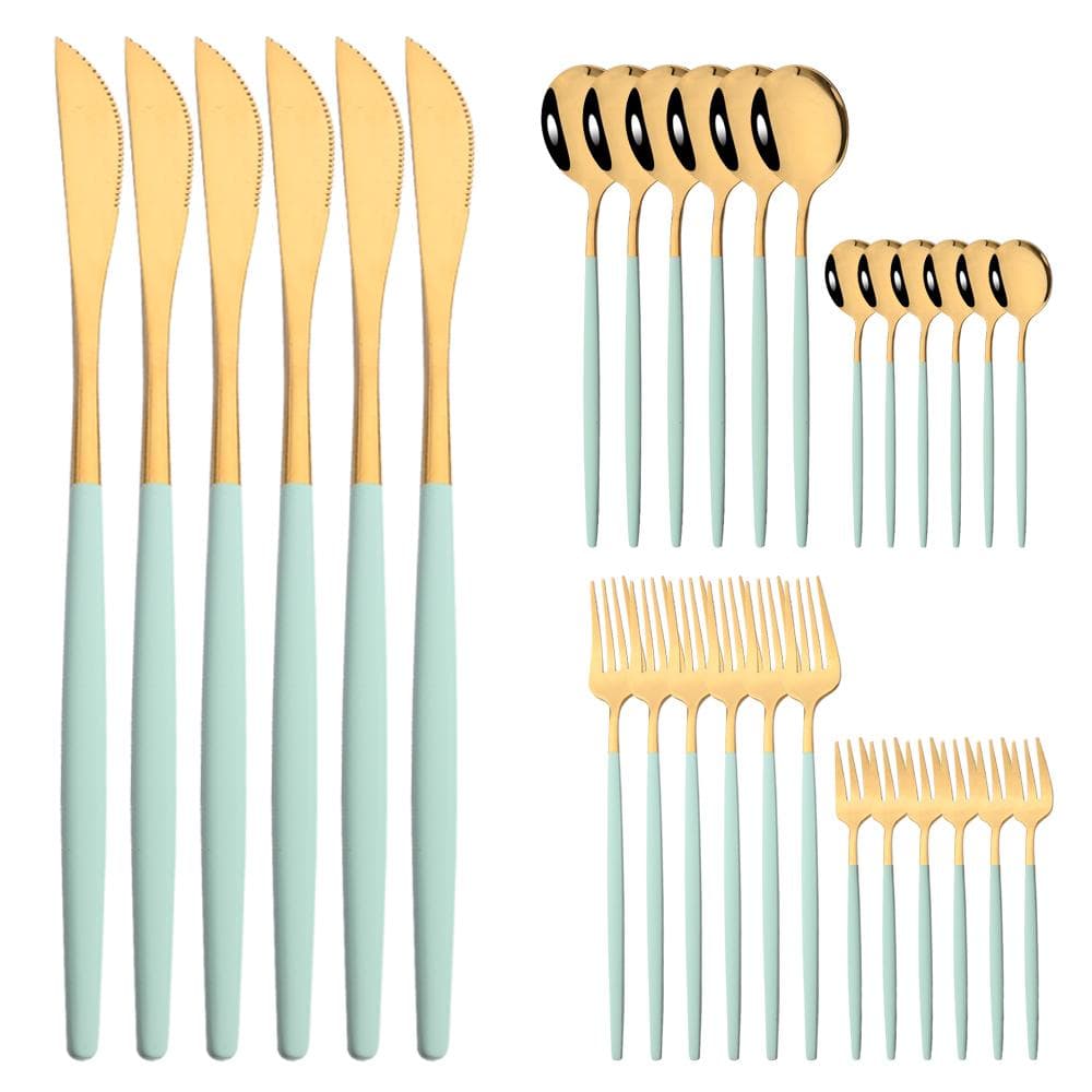 30Pcs Black Gold Cutlery Set Knife Cake Fork Spoon Dinnerware Set Flatware Stainless Steel Silverware Party Kitchen Tableware gold/mint green
