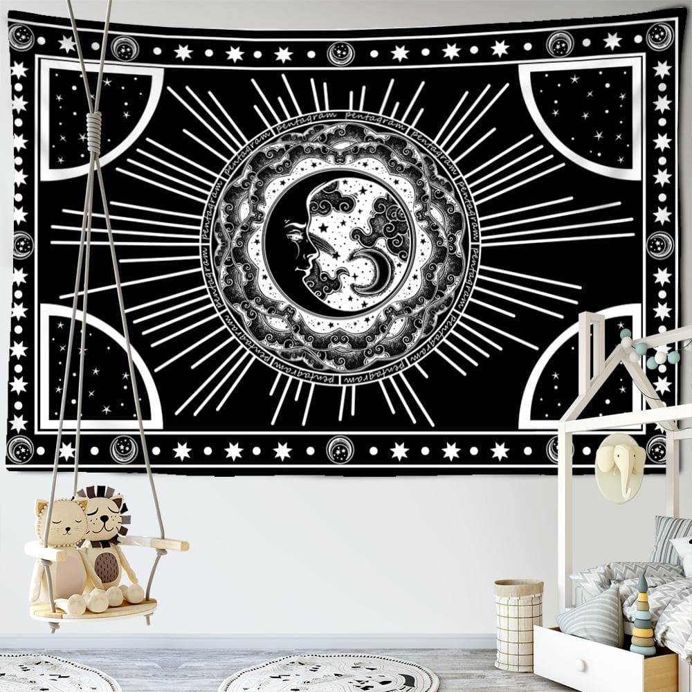 Sun Moon Star Tapestry Wall Hanging Illusory Abstract Witchcraft Black And White Printing Bohemian Dormitory Decor 95x70CM