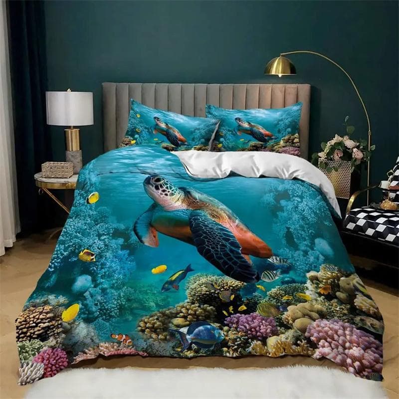Sea Turtle Duvet Cover Underwater World Themed Marine Life Bedding Set for Women Teen Boys and Girls Gift for Bedroom Decoration 140x210cm 2pcs
