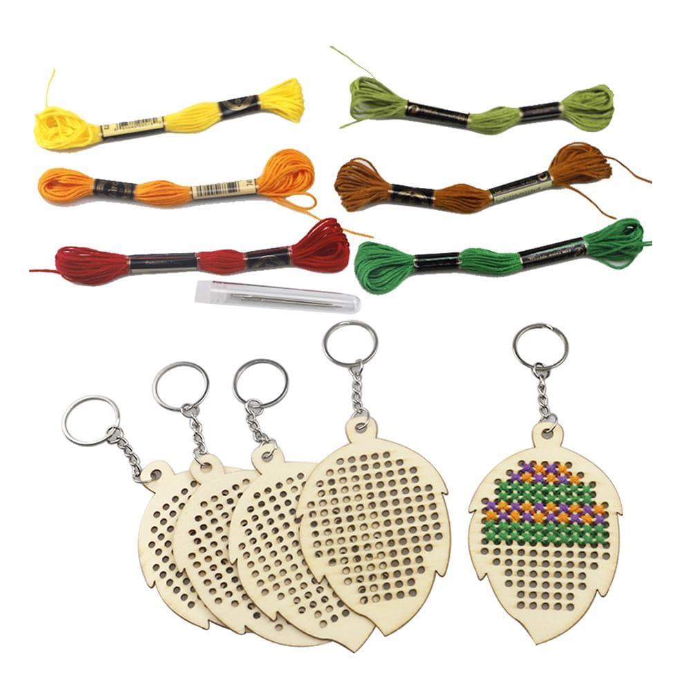 5Pcs Wooden Leaves with Colour Embroidery Threads DIY Craft Kit Home Decor Cross-stitch Keyring 1 kit