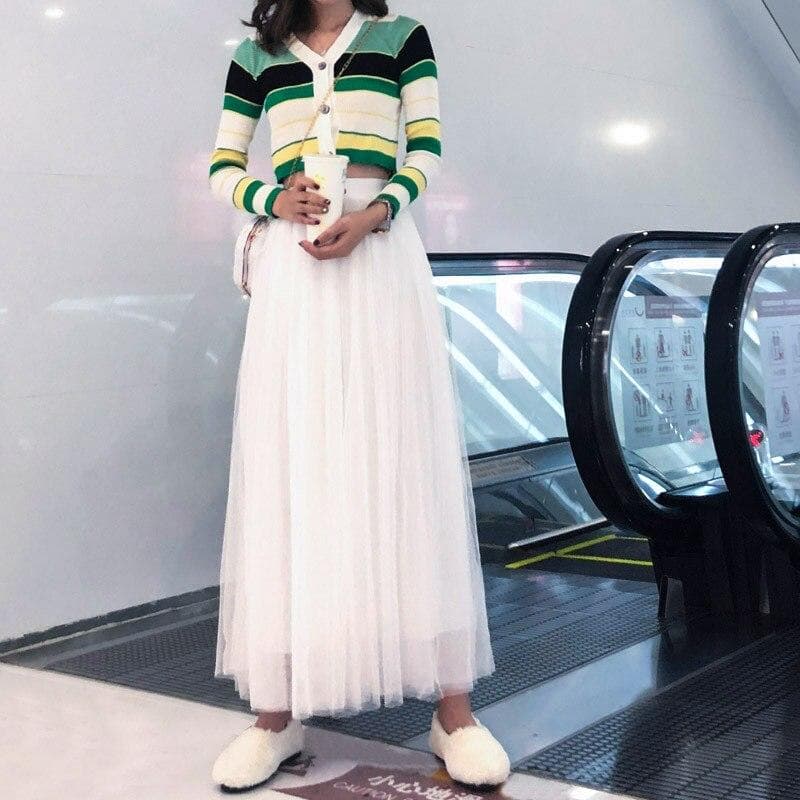 Elastic Waist 3 Layers Mesh Long Tulle Skirt Spring Autumn Elegant Vintage High Waist Ball Gown Gauze Tutu Skirt XL white