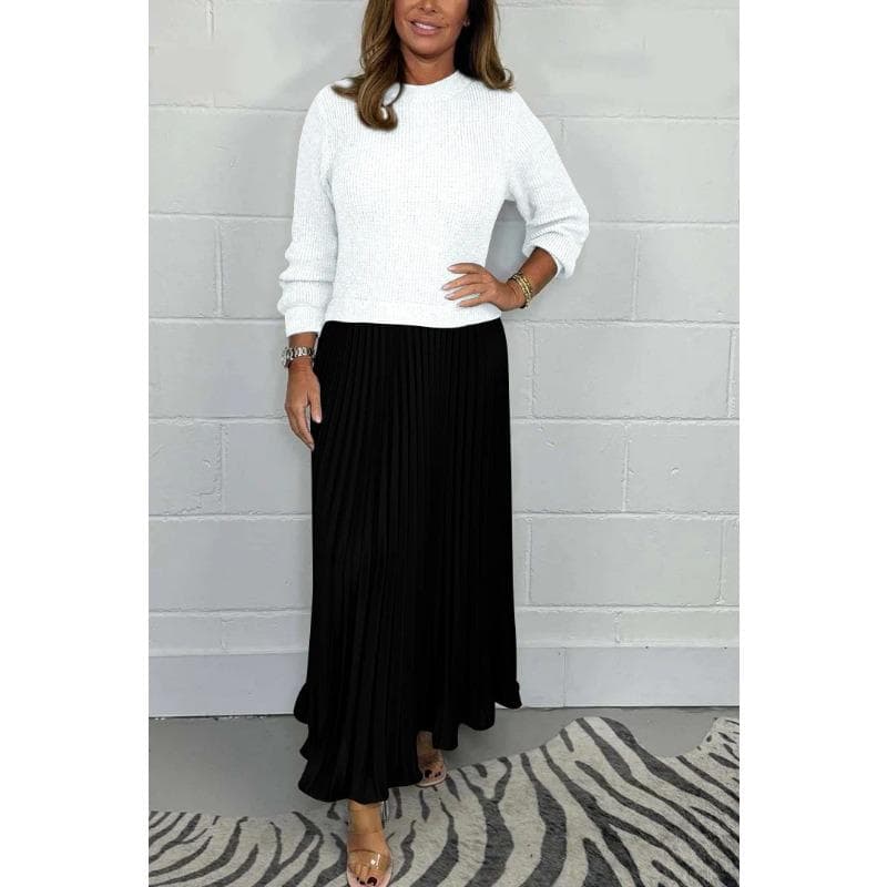 Women's Plus Size Autumn Solid Color Knitted Long Sleeve Patchwork Pleated Dress S black/white