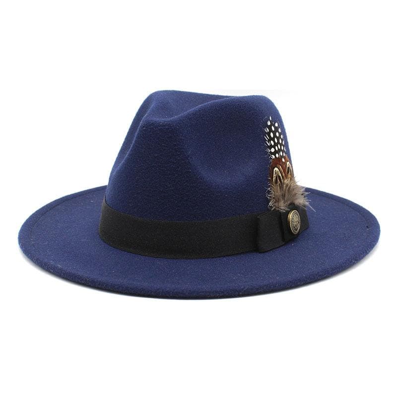 White Woolen Gentleman Classic British Jazz Feather Top Hat Wide Brim Party Church Wedding Fedora Hats Men Women Panama Felt Cap L 59-60cm Dark blue