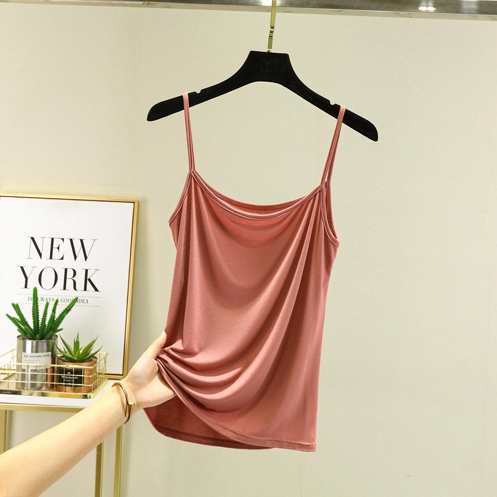 Modal Spaghetti Strap Tops Basic Camis Sleeveless Tank Top Solid color Women summer Camisole all match L pink
