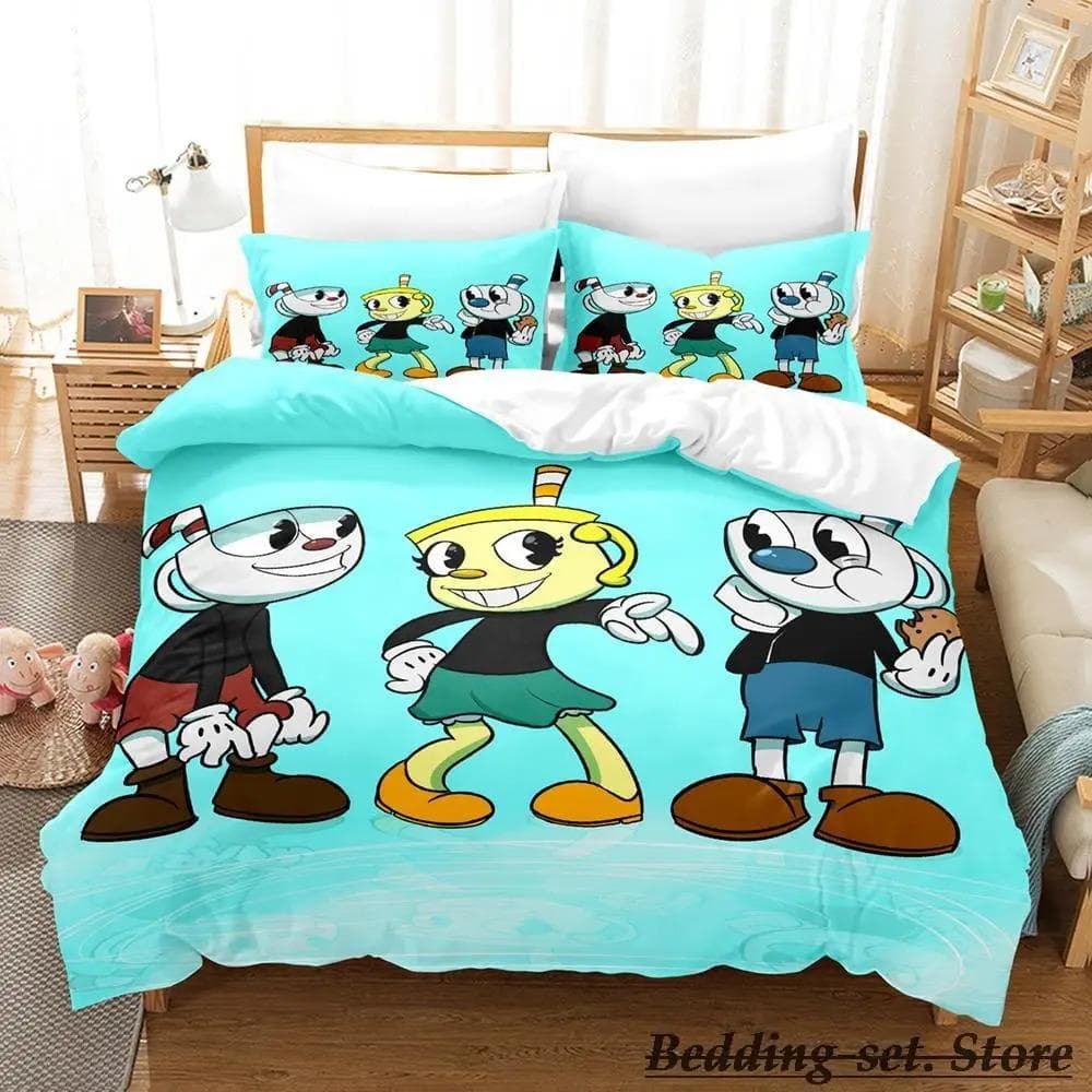 Game Cuphead Mugman Bedding Set Cartoon Anime three-piece set Adult Kid Bedroom Duvetcover Sets 3D Kawaii cama de casal AU Double 180x210cm