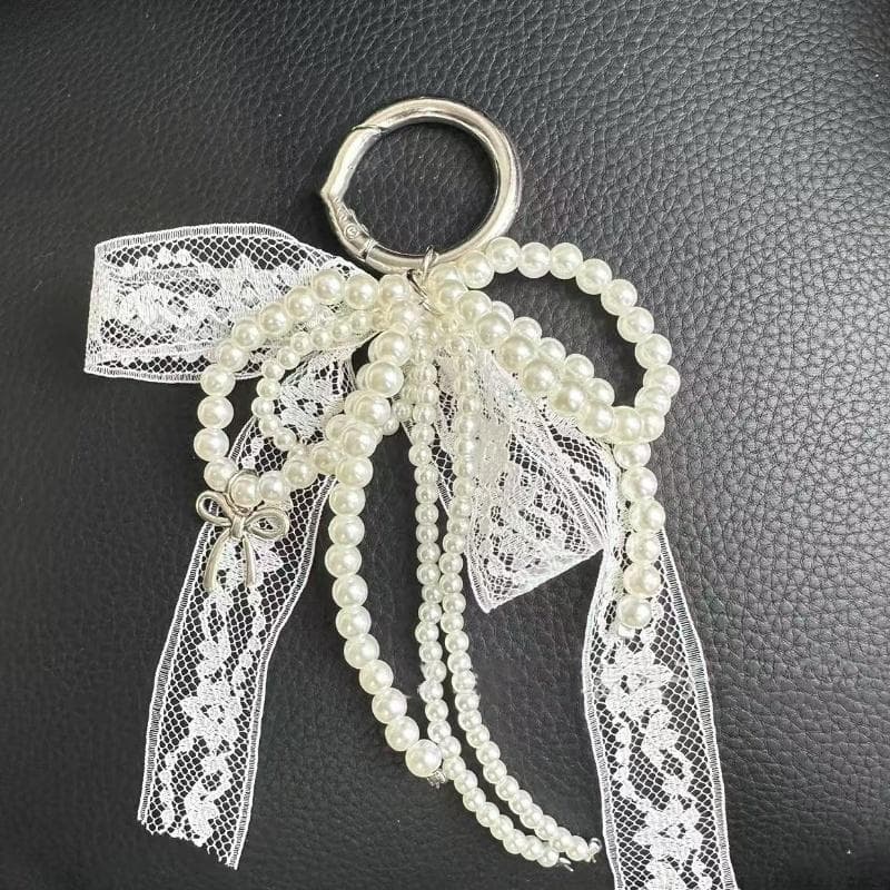 Imitation Pearls Lace Bowknot Keychain Sweet Beaded Pendant Keyring for Women Handbag and Backpack Key Chain Exquisite Ornament white