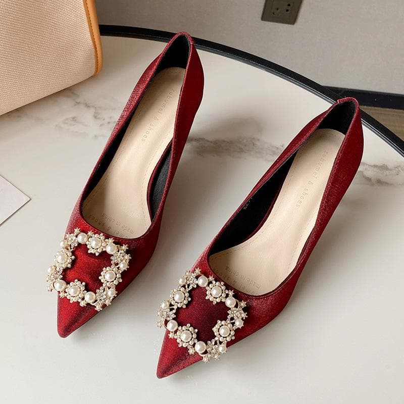 High-heeled Shoes New Pointed Toe Stiletto High-heeled Shoes Wedding Shoes Women's Rhinestone Square Buckle Xiuhe Shoes 40