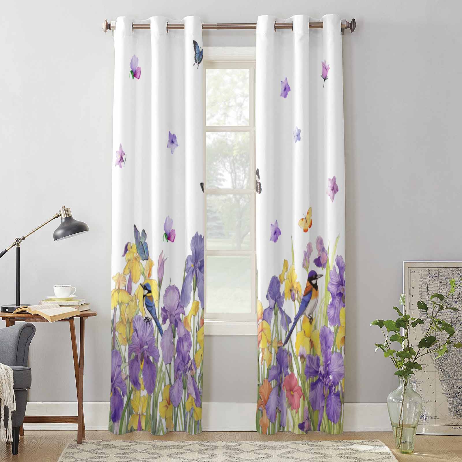 Spring Iris Watercolor Butterfly Window Curtains for Living Room Luxury Bedroom Curtain Kitchen Blinds Drapes Curtains 135W x 60H(cm) x1