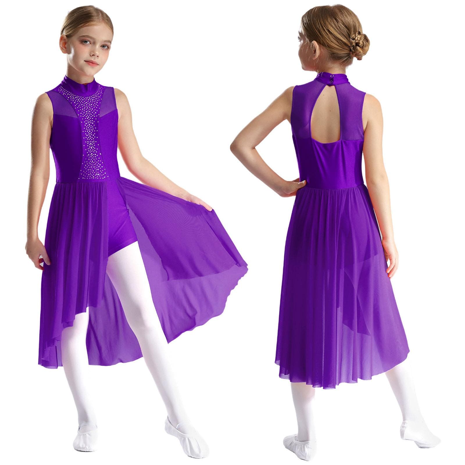 Girls Lyrical Dance Dress Figure Skating Costume Sparkly Rhinestone Ballet Dancewear Sleeveless Mock Neck Asymmetrical Hem Dress 7-8 Years purple