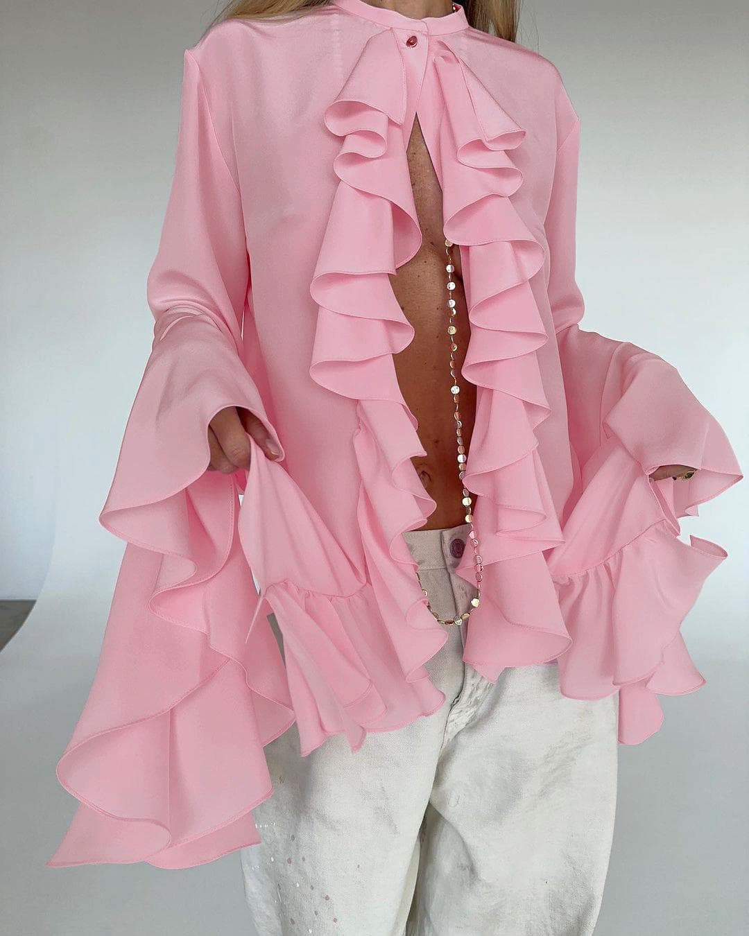 White Chiffon Round Neck Flared Sleeve Ruffled Women's Shirt 2024 European and American Spring and Summer New Fashion Women XL