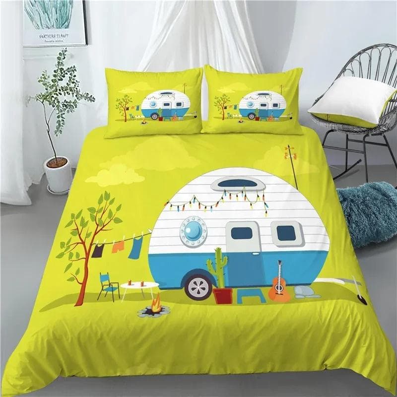 Happy Camping Duvet Cover Queen Cartoon Caravan Camping Bedding Set Farmhouse Style 3D Camper Comforter Cover With Pillowcases 200x230cm 3pcs