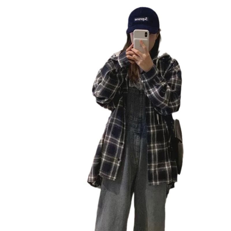 Medium and Long Loose College Style Hooded Plaid Shirt Jacket XL black
