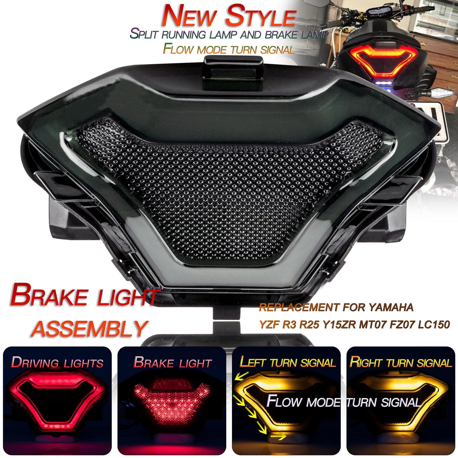 Motorcycle Brake Light Tail Lamp with LED Turn Signals Replacement for Yamaha YZF R3 R25 Y15ZR MT07 red