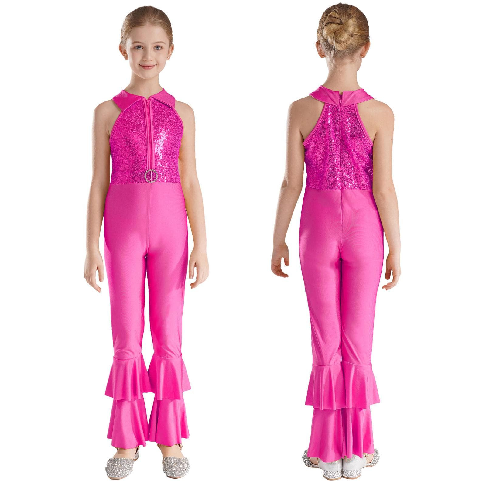 Kids Girls Bronzing Cloth One Piece Sleeveless Tiered Bell-bottom Pants Style Unitard Bodysuit Costumes 9-10 Years hot pink