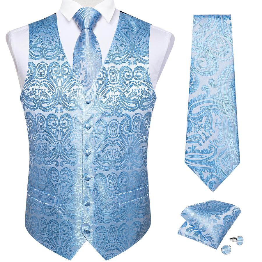 Dibangu Mens Yellow Paisley Vest Suit Waistcoat Hanky Cufflinks Tie Set Wedding S