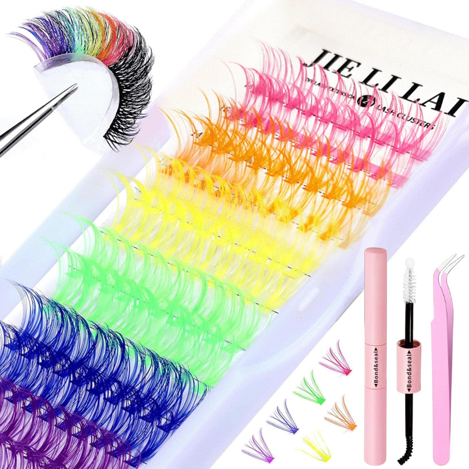 Colored Lash Clusters Kit Individual False Eyelashes Set Segmented Fake Eyelashes with Lash Bond 120 Clusters multicolour