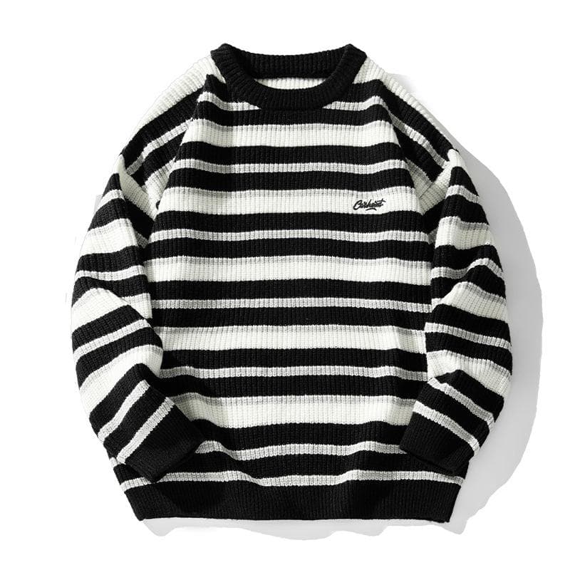 Men's Striped Knit Sweater Pullovers Oversized Knitwear Winter Korean Autumn Clothes Japanese Style sweather men XL black