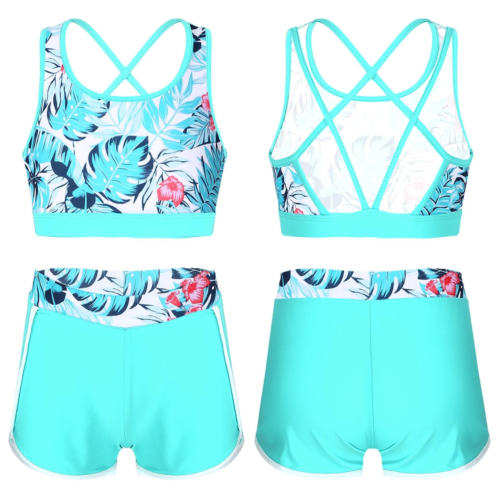 Kids Girls 2pcs Tankini Set Criss Cross Tank Top with Boyshorts Summer Beachwear Swimsuit 11-12 Years lake blue