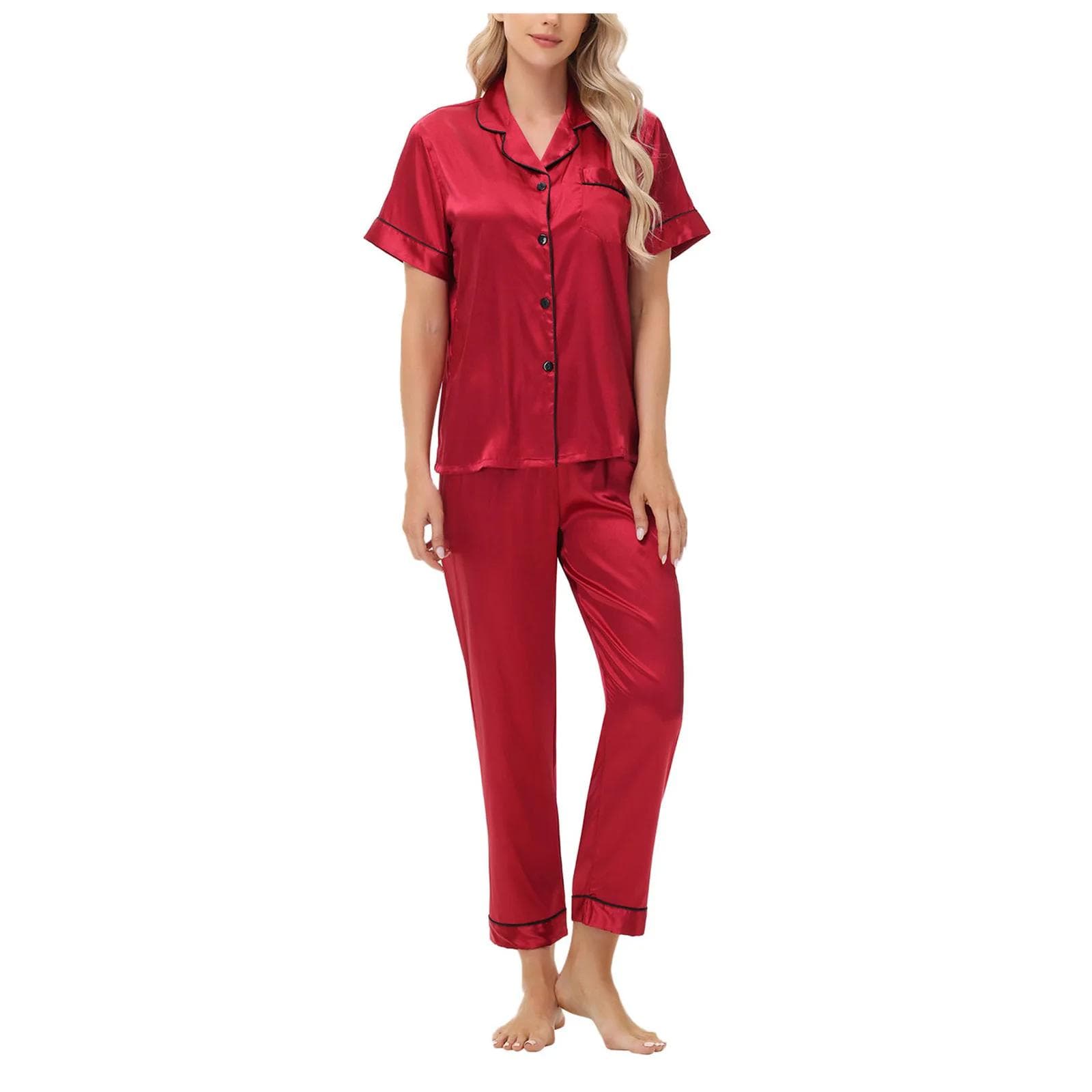 Ice Silk Pajamas Satin Suit Short-sleeved Trousers Plus Size Women's Home Wear M