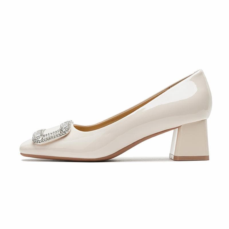 Mary Jane Shoes Female Square Toe Patent Leather Mid Heel Rhinestone Square Buckle Women's Shoes Korean Style Low-Cut Chunky Heel Shoes Autumn 40