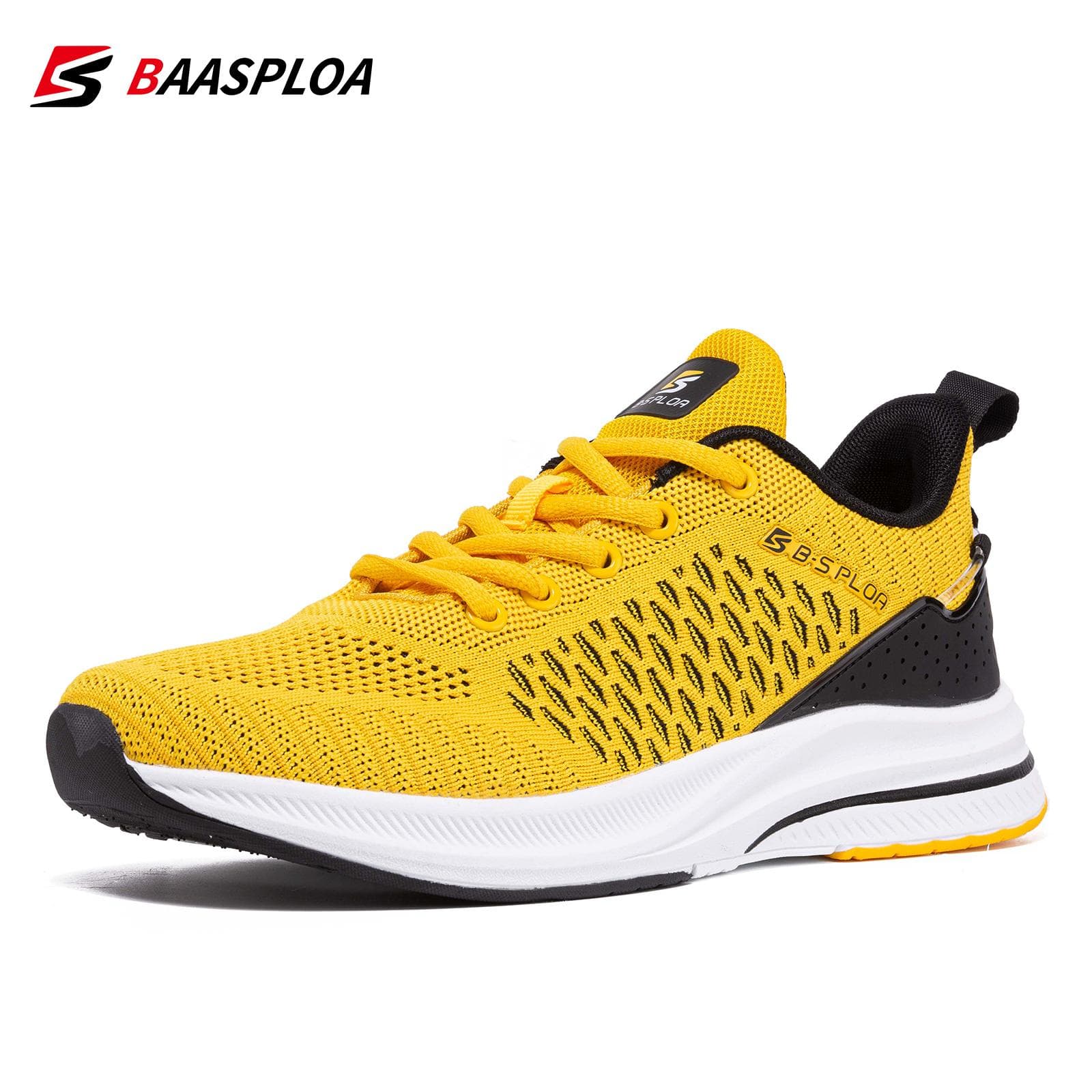 Baasploa Men Shoes Knit Casual Walking Shoes Breathable Trendy Sneakers Original Light Shock Absorption Male Tennis Shoes 45 yellow