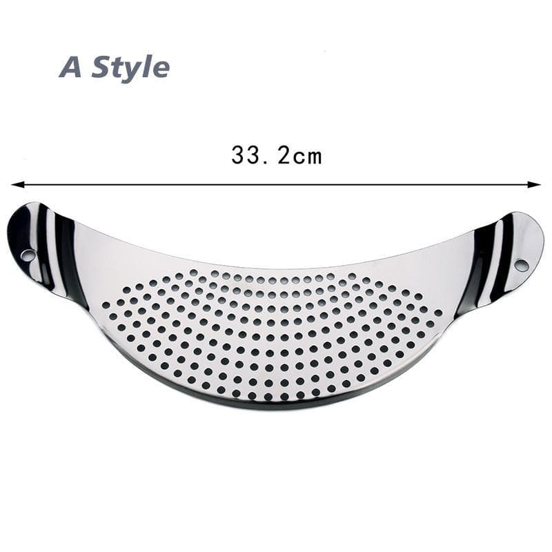 2 Styles Stainless Steel Water Filter Moon Shaped Pot Edge Slag Filter Baffle Vegetable Drain Strainer Pasta Drainer Pan Pot Strainer Kitchen Gadget A style silver