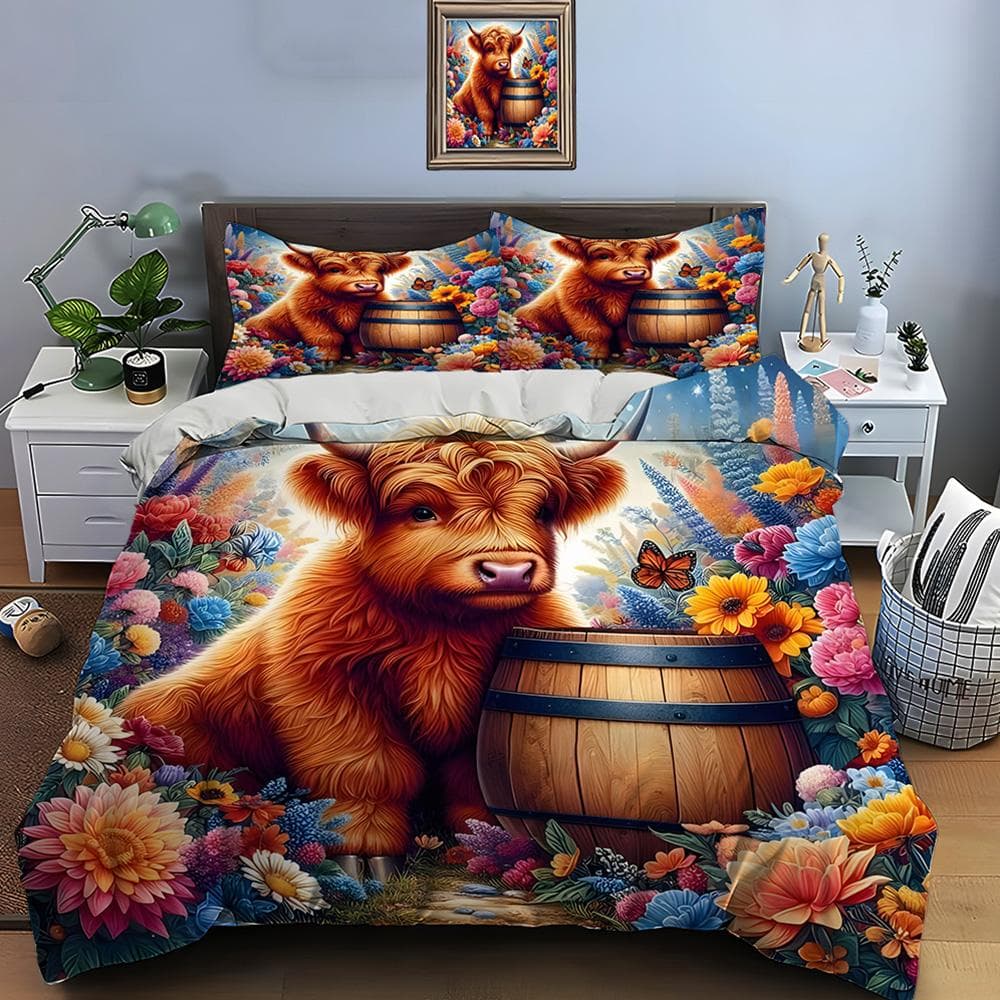 Cute North American Highland Cattle Print Bedding Set Duvet Cover 1 Duvet Cover 2 Pillowcases Adult and Kids Bedding Set Luxury EU single(135x200cm)