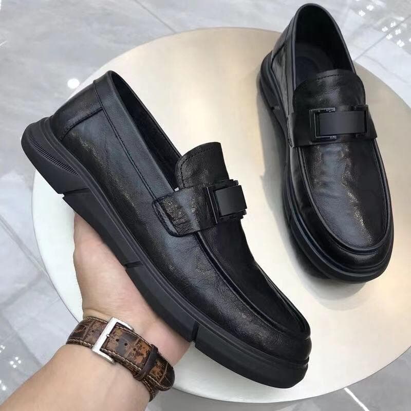 New Men's Leather Shoes Round Toe Low-cut Breathable Slip-on Peas Shoes Casual Business Loafers 44 black