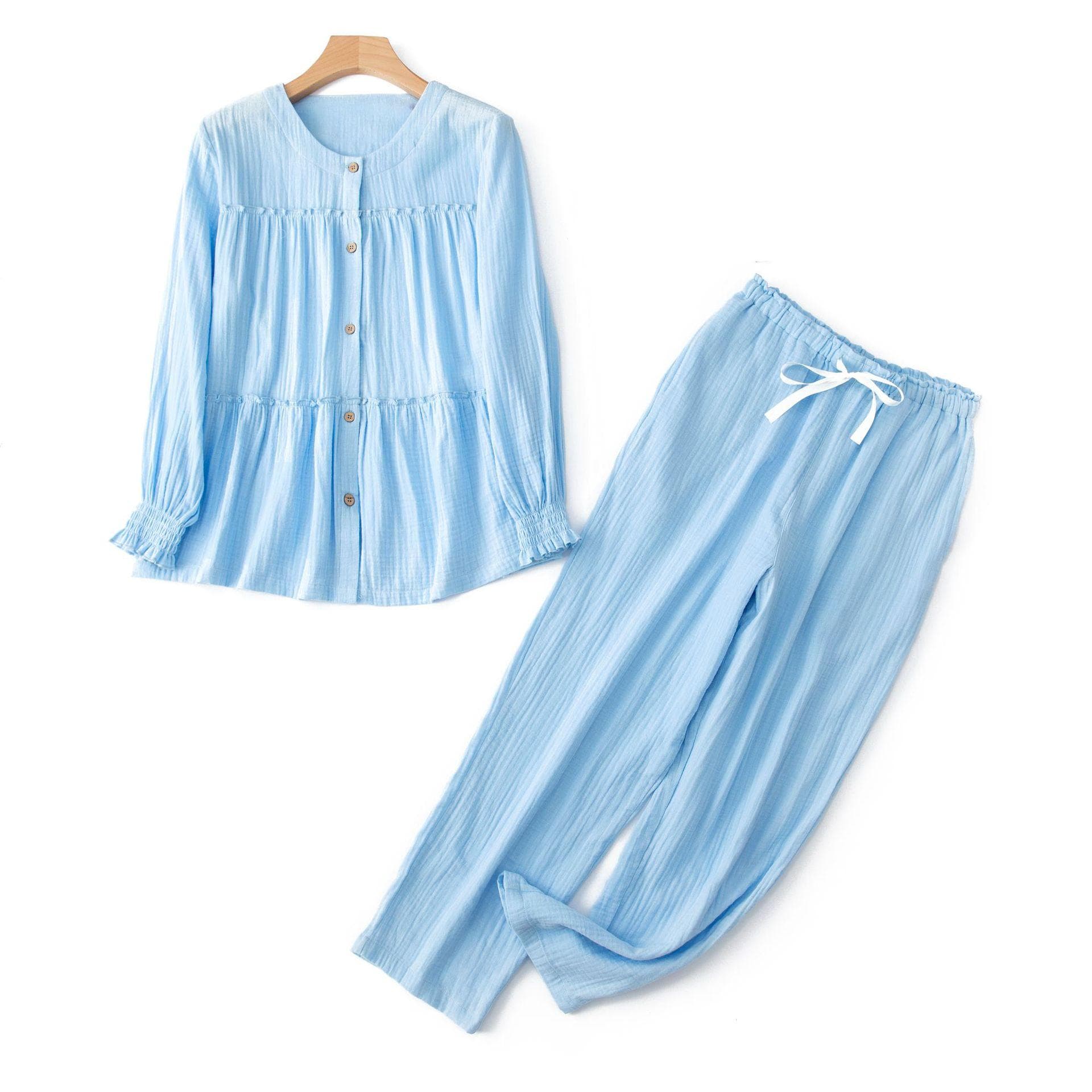 Autumn New Pure Cotton Home Clothes Women's French Palace Style Pajamas Long-sleeved Trousers Pajamas Set Blue Fresh Pajamas XL blue