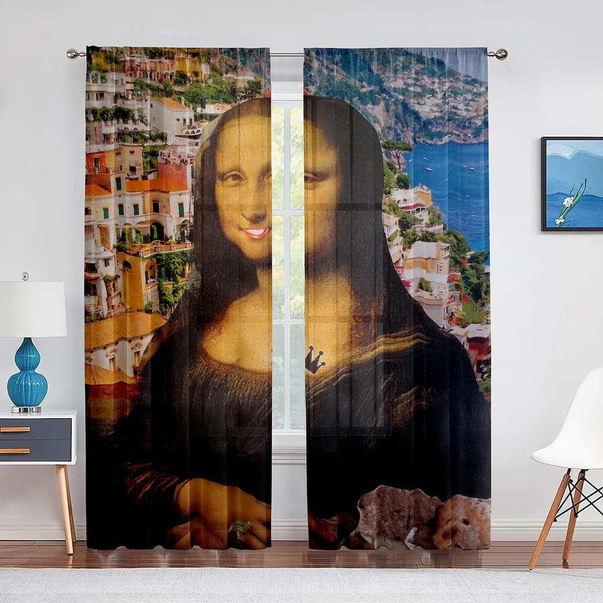 Mona Lisa and Funny Kittens Painting Tulle Curtain for Bedroom Window Curtain Luxury Cafe Hotel Decor Living Room Sheer Drape 1 PCS W200XH250cm&Grommet Top