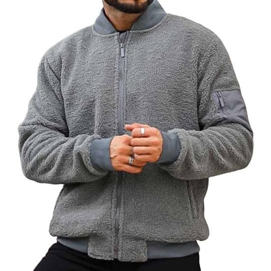 Yousheng Men Polar Fleece Jacket Long Sleeve Full Zipper Casual Coat with Pockets Autumn Winter Solid Color Outwear M grey