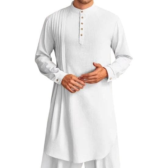 Men's Cotton Linen Kaftan Long Sleeve O-Neck Robe Solid Color Button-up Collar Thobe Breathable Arabic Clothing for Prayers Casual Wear S white