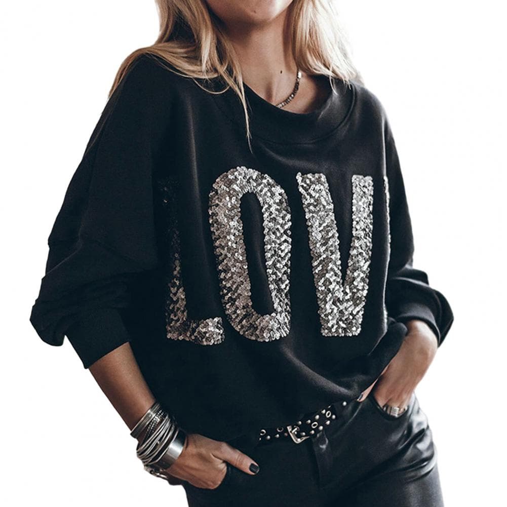 Women Top Sequin Decor Letter Pattern Loose Long Bat Sleeve O Neck Color Matching Pullover Soft Lady Blouse Fall Spring T-shirt M black