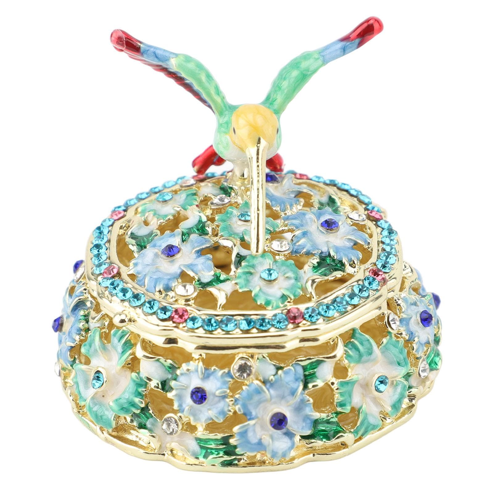 Round Hummingbird Pattern Enameled Jewelry Box Decorative Metal Trinket Box Vintage Jewelry blue