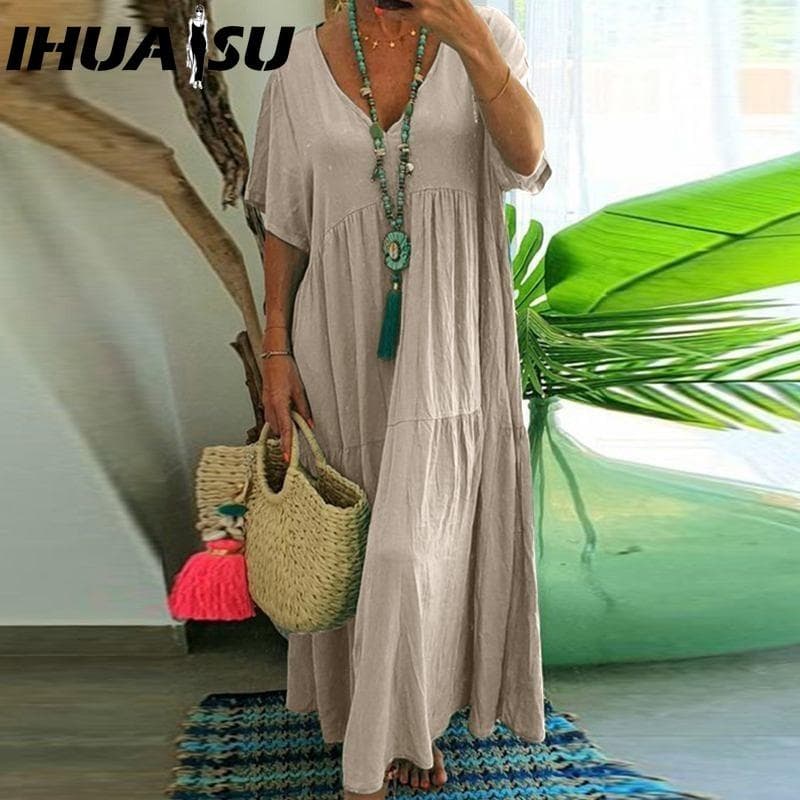 IHUASU Women Summer Fashion Solid V-Neck Plus Size Dress Loose Long Oversized Casual Short Sleeve Dress XL khaki
