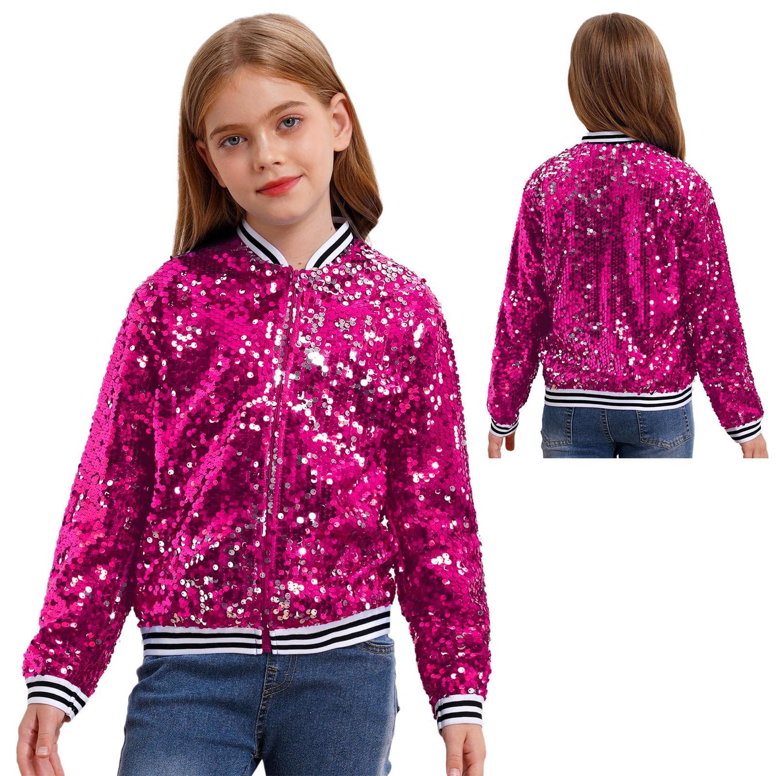 Boys Girls Baseball Jacket Coat Spring Autumn Fashion Sequins Long Sleeve Zipper Outerwear Street Dancing Party Bomber Jackets 7-8 Years hot pink