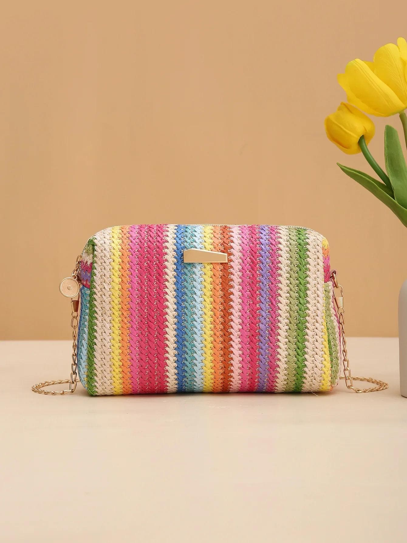 Color Straw Bag Rainbow Versatile Girl Crossbody Bag Woven Camera Bag Handbags Cute Portable Shoulder Bag Women’S Cosmetics Bag red