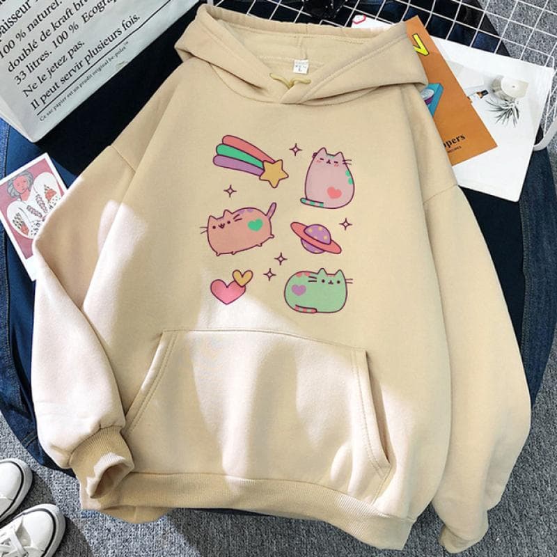 90s Y2k Cute Anime Funny Cartoon Cat Hoodie Women Harajuku Ullzang Kawaii Graphic Cat Sweatshirt Winter Warm Hoody Female 3XL