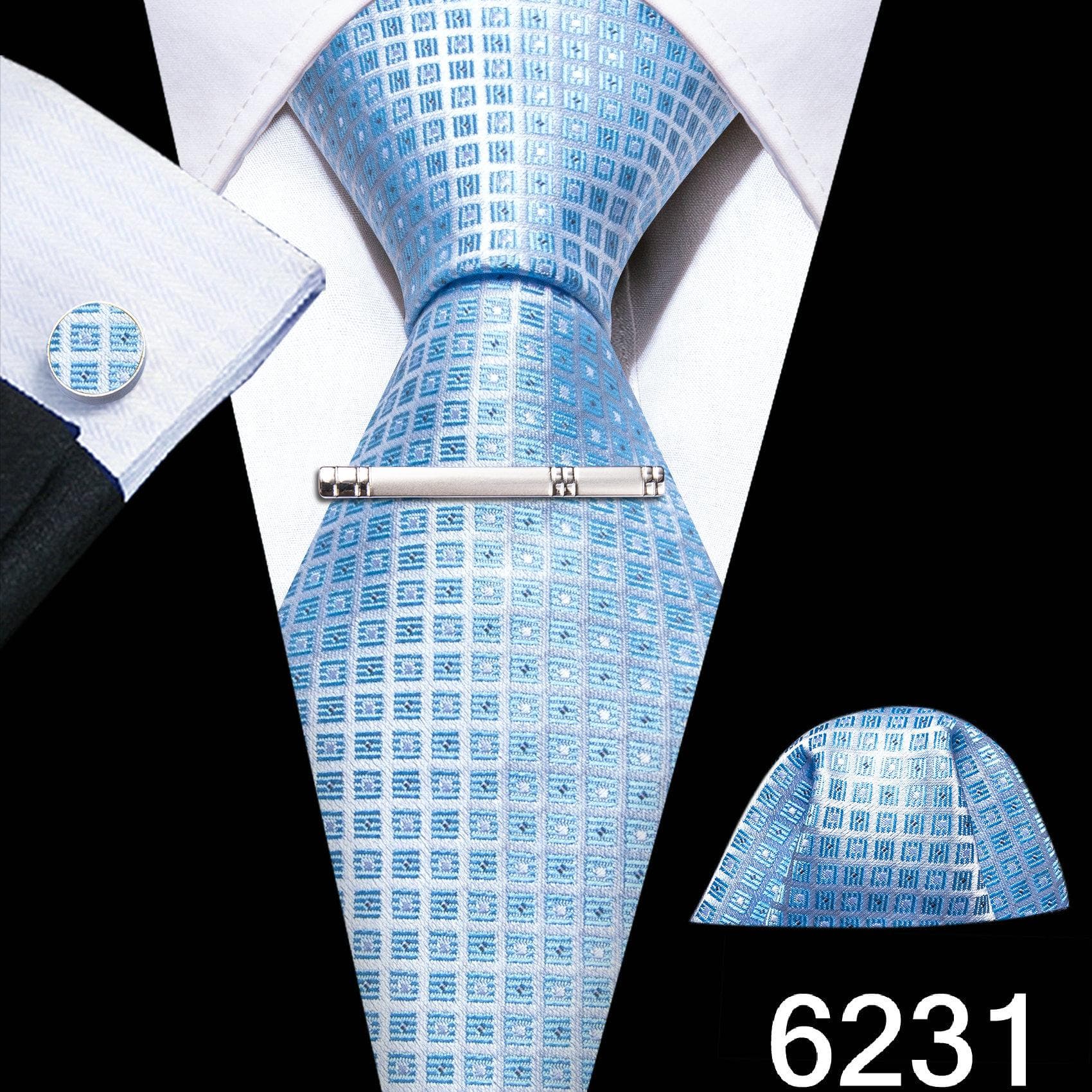 Barry.Wang Mens Green Blue Ties with Silver Tie Clip Wedding Silk Necktie Hanky Cufflinks Business Set N-6231