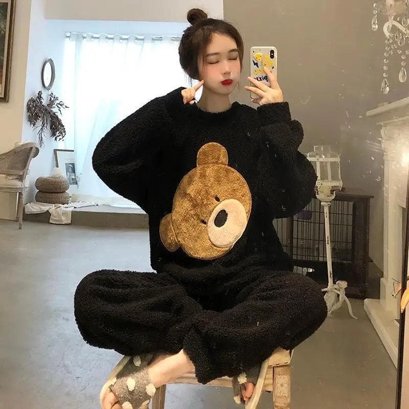 Thickened and Warm Women's Winter Two-piece Flannel Home Wear Pajamas O-neck Loose Cute Cartoon Women's Pajamas Home Wear One size black