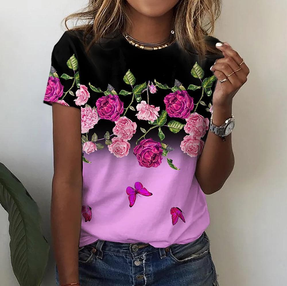 T Shirt For Women's Clothes Fashion Tops For Woman 3D Flower Print Female Short Sleeve Summer Women's T-shirt Plus Size Tees L