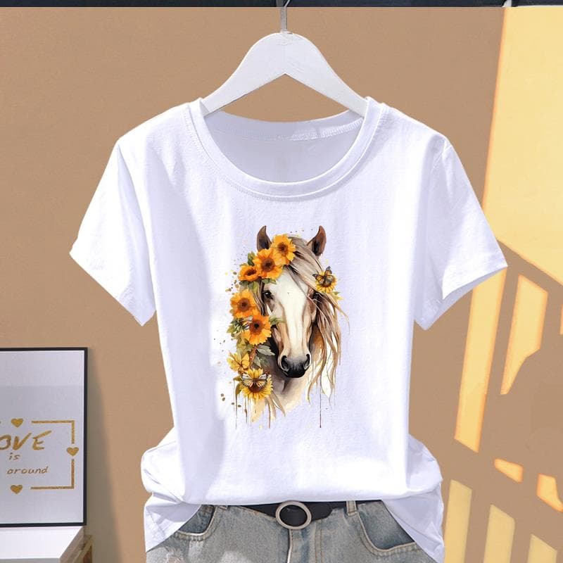 (Asian Size) Graphic Tee T Clothing Casual Flower Horse Style Cute 90s Fashion Print Female Casual Women's Top Lady Short Sleeve T-shirt 4XL