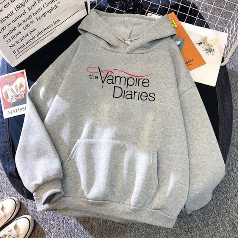 New The Vampire Diaries Print Hoodie Women Men Casual Tops Autumn And Winter Sweatshirts Long Sleeve Harajuku Pullover L gray