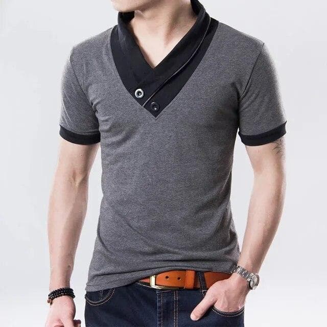 Men's Summer Casual Short Sleeve T-Shirts Oversized Patchwork Collar Tee Tops V-Neck Men T-Shirt Cotton T Shirts M-5XL XXXXXL gray